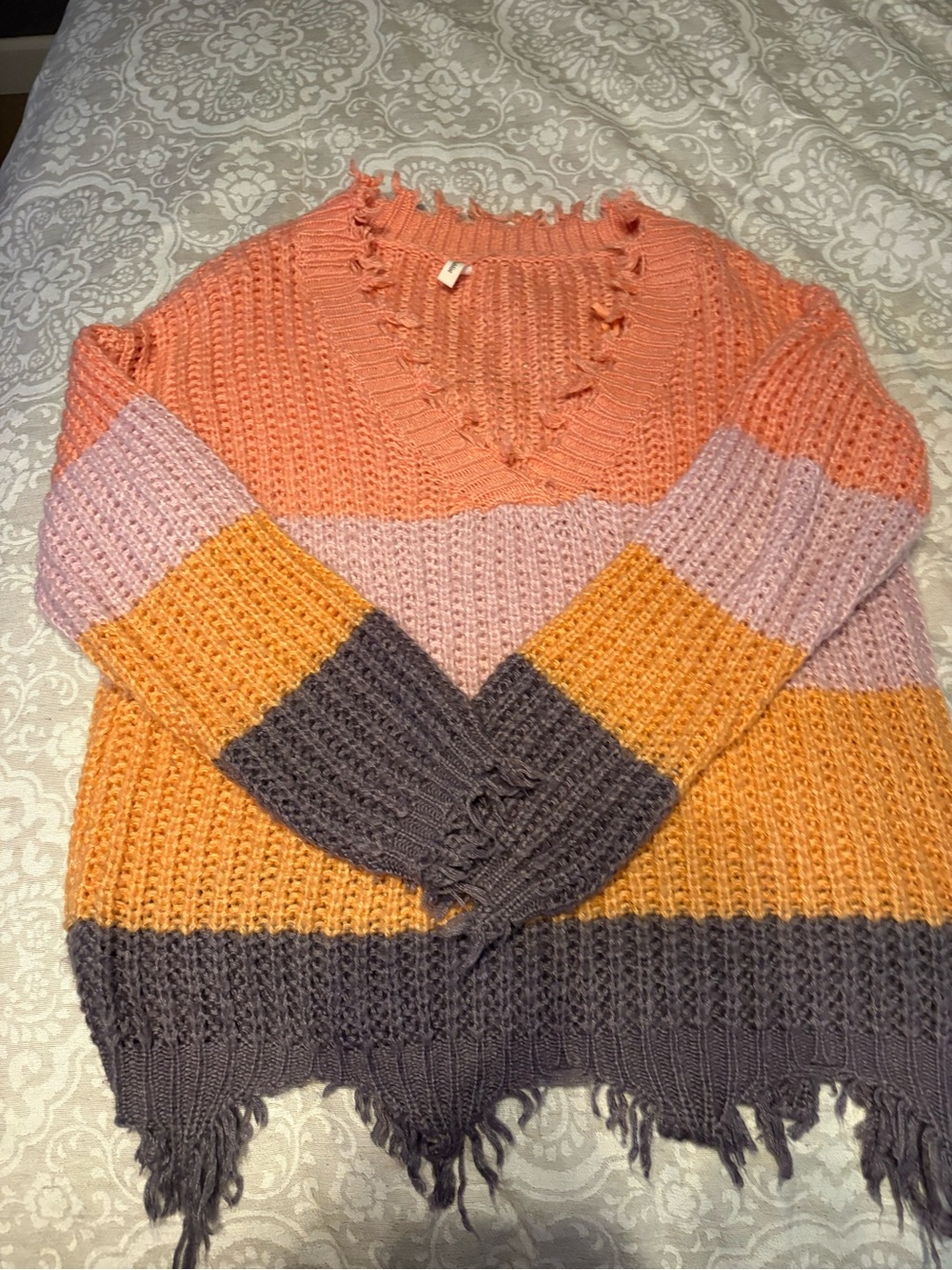 Distressed Stripe Knit Sweater - Peach, Pink, Mustard & Gray